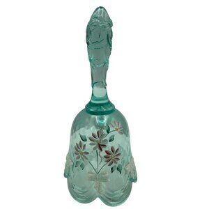 Fenton Green Glass Bell Hand-Painted Floral Design With Bow Detailing Vintage